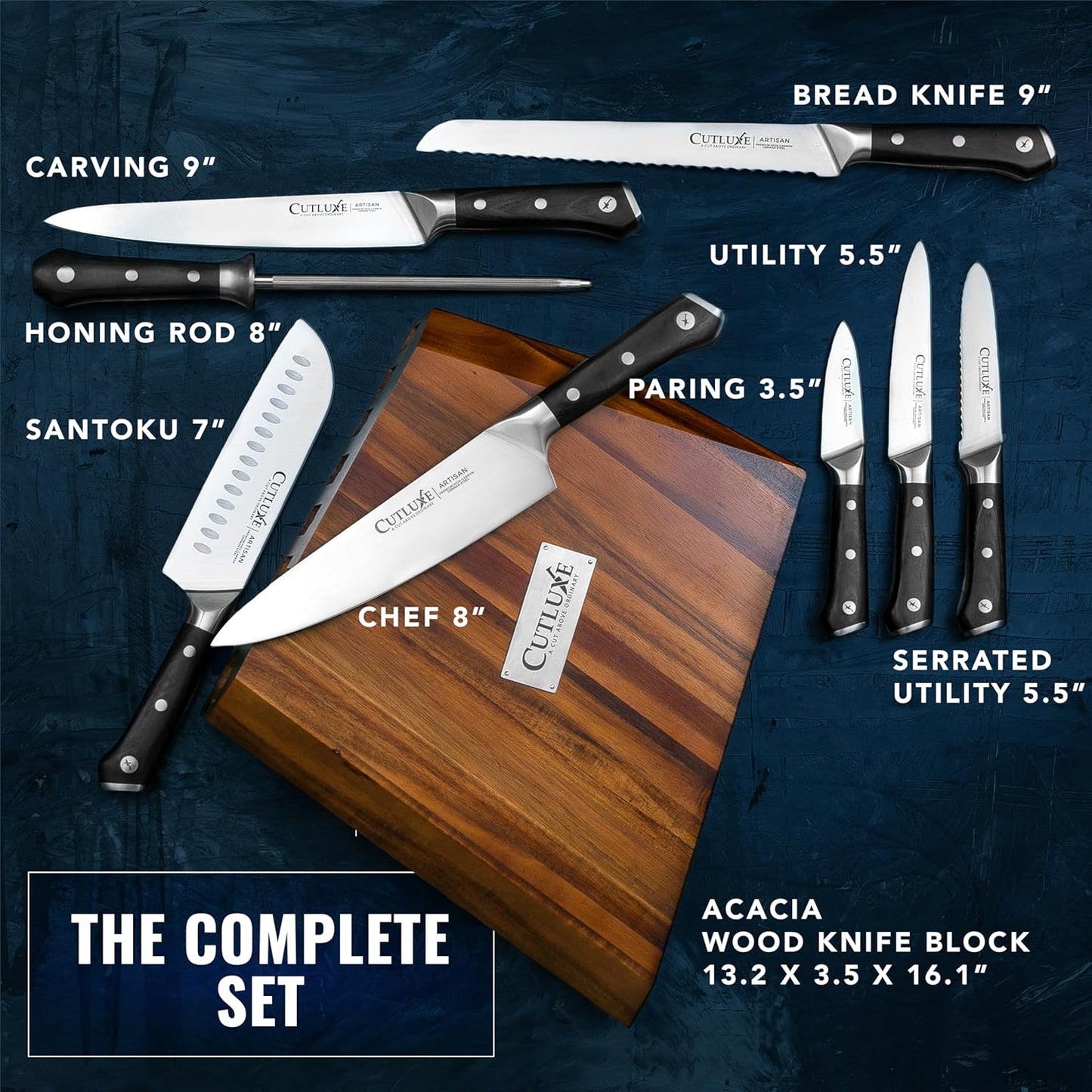 Cutluxe Chef Knife Set, 7 PCS Professional Chef's Knife Set – Razor Sharp German Steel, Full Tang, Ergonomic Handles – Artisan Series