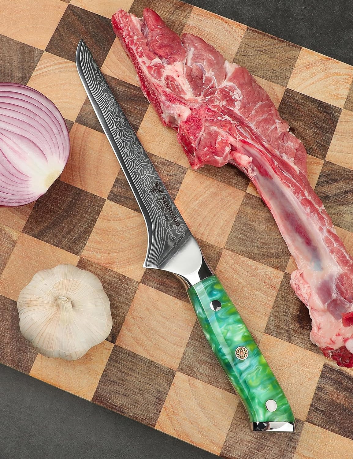 7 inch Fillet Knife, VG10 Damascus Steel Fish Boning Knife with Resin Handle - Xuan Series (Sunset Red)