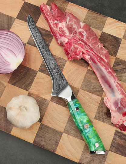 7 inch Fillet Knife, VG10 Damascus Steel Fish Boning Knife with Resin Handle - Xuan Series (Sunset Red)