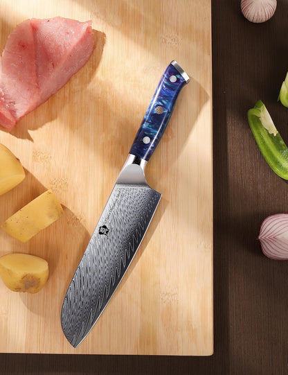 WILDMOK Santoku Knife 7 Inch kitchen knife, Ultra Sharp with Japanese Damascus Forged Santoku Knife, Ergonomic Resin Handle, cooking gifts with gift box