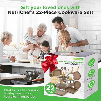 NutriChef 54-Piece Kitchen Cookware Set – Complete Non-Stick Ceramic Pots and Pans Set with Utensils, Bakeware, and Knife Set, Gas, Electric & Induction Compatible, Blush Pink Kitchen Essentials