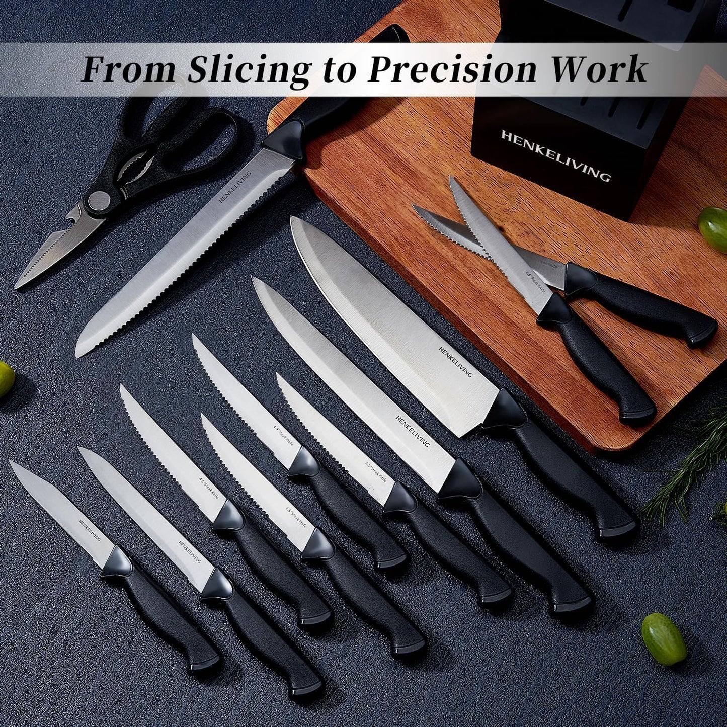 Knife Set, 14-Piece Black Dishwasher Safe Kitchen Knife Block Set with Built-In Sharpener, German High Carbon Stainless Steel Blades, Ultra Sharp Knives with Ergonomic Non-Slip Handles