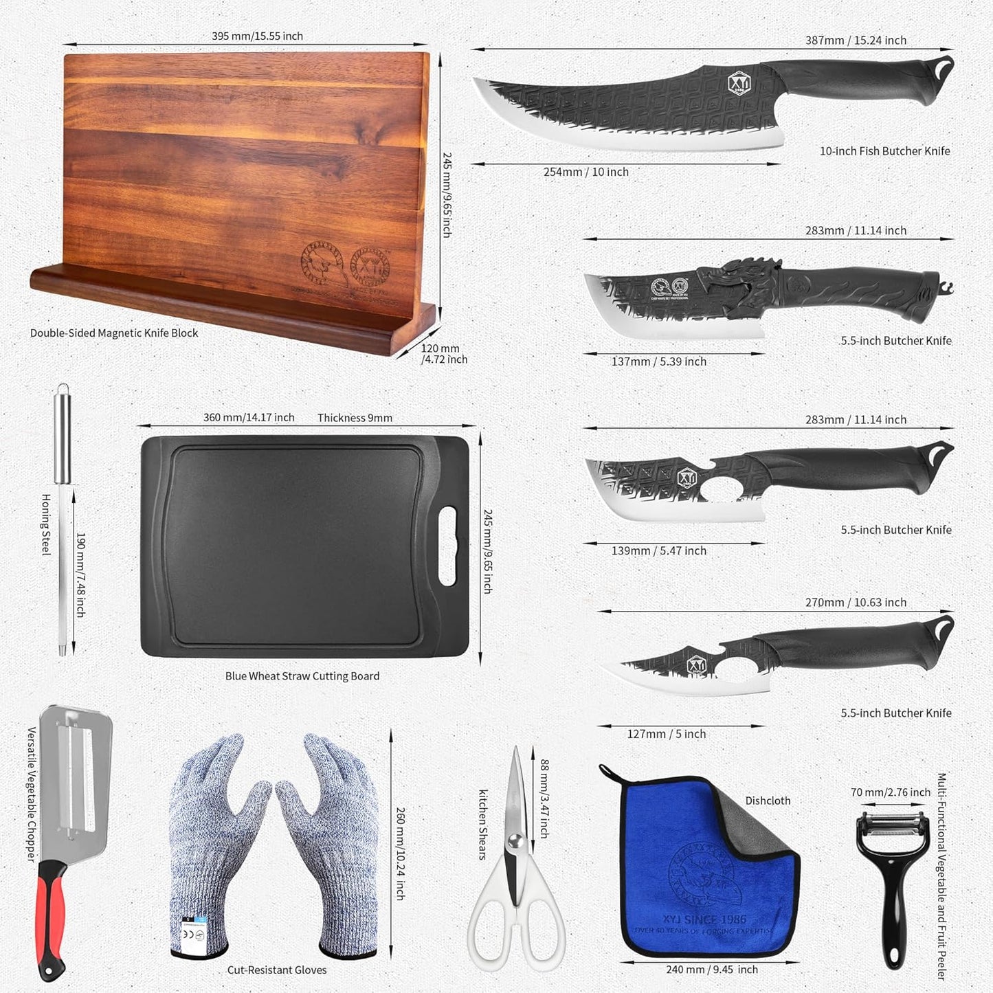 XYJ Kitchen Knife Block Set,Stainless Steel Knives Set with Magnetic Knife Block,Scissors,Gloves,Honing Steel,Japanese Style Paring Boning Steak Slicing Santoku Chef Knives,Resin Handle