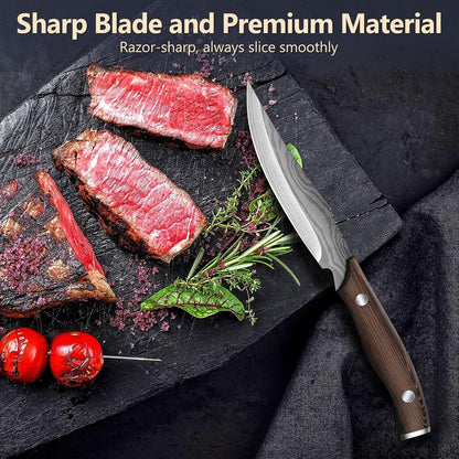 Dragon Creek Steak Knives Set of 6, High-Carbon Steel Steak Knife Set with Wooden Handle, 4.3 Inch Non-serrated Steak Knives, Razor-Sharp Dinner Knives With Gift Box