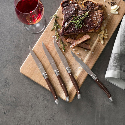 French Home Laguiole 4-Piece Steak Knife Set – Sophisticated Stainless Steel Dinner Knives with Navy Blue Handles & Iconic Bee Emblem – Serrated Knives for Smooth Cutting (9.25")