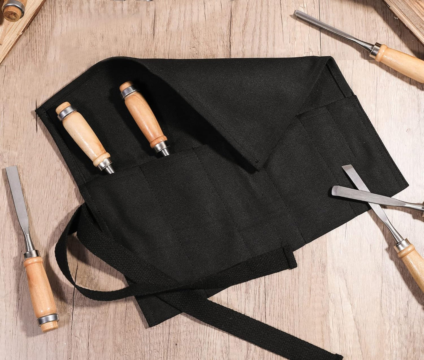 Tool Roll Up Bag with 6 Pockets,Waxed Canvas Wrench Roll Pouch for Chisels, Hammers, Fishing jigs, Carving Knife (Black)