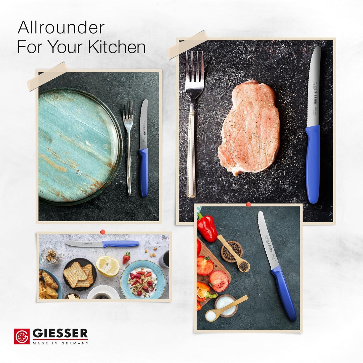 Giesser since 1776, Made in Germany, Serrated kitchen knives round tip dishwasher safe 4.5 inch - Tomato knife, Steak knive set of 6 (MIX Color)