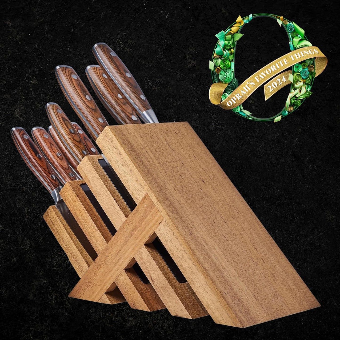 Messermeister Avanta Damascus 10-Piece Ebony Pakkawood Knife Block Set - Japanese Damascus Stainless Steel - 4 Speciality Knives, Heavy-Weight Fork, 4 Steak Knives & Magnetic Knife Block