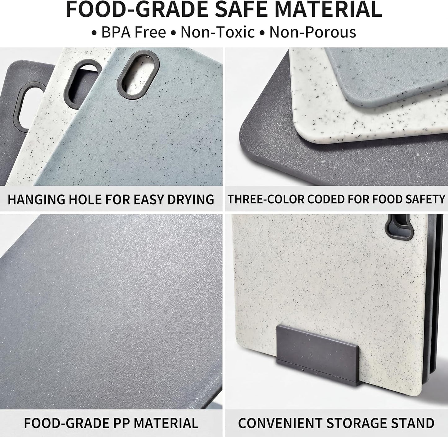 Cutting Boards for Kitchen, BPA-Free Plastic Cutting Boards Set of 3, Reversible, Non-Slip, Dishwasher Safe, Color-Coded for Meat, Vegetables & Fruit, Stone White, Grey & Dark Grey