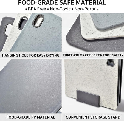 Cutting Boards for Kitchen, BPA-Free Plastic Cutting Boards Set of 3, Reversible, Non-Slip, Dishwasher Safe, Color-Coded for Meat, Vegetables & Fruit, Stone White, Grey & Dark Grey