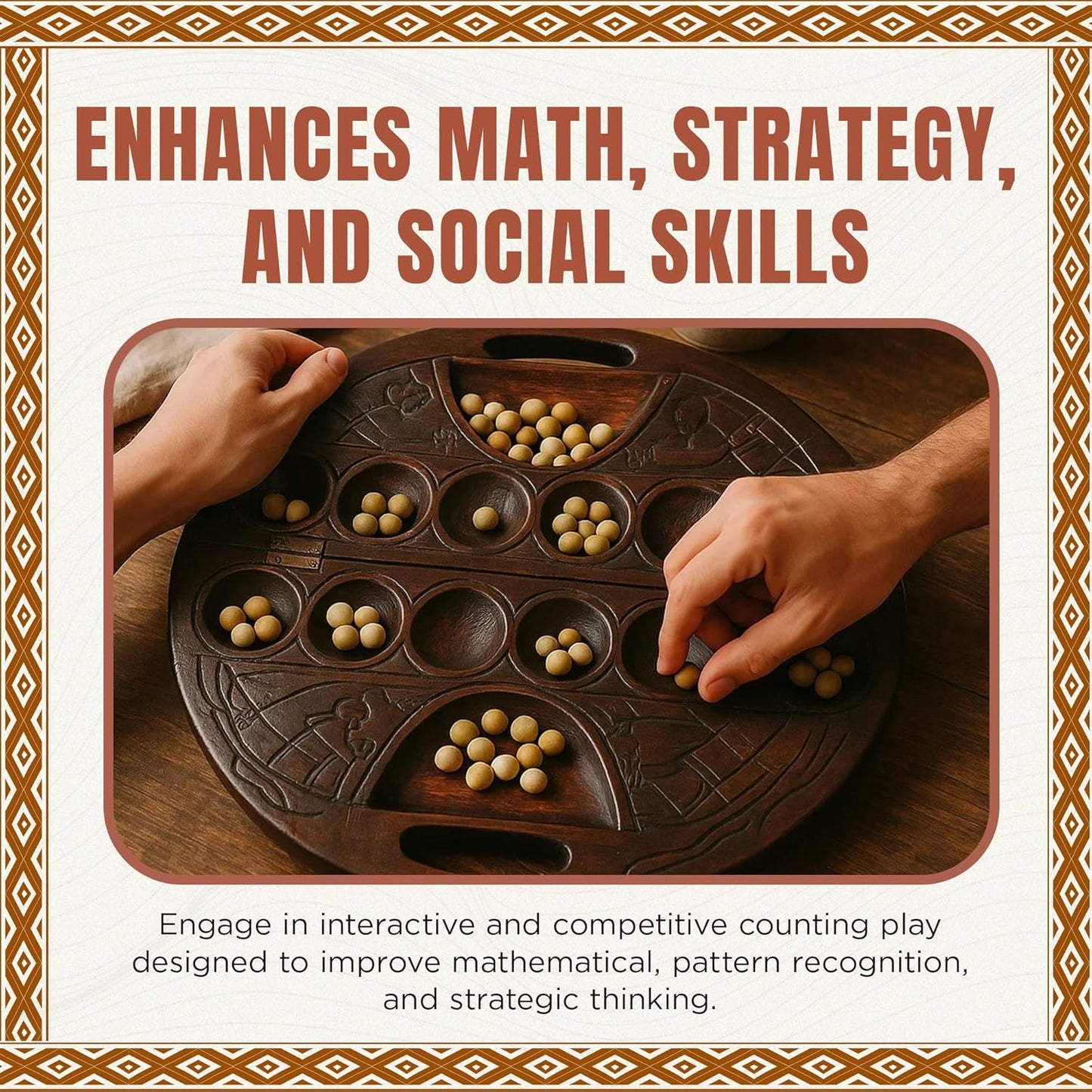Africa Heartwood Project African Oware Mancala Board - Deluxe Circular Shape with Handle, Hand-Carved, Solid Wood with Detailed Designs, Wooden Folding, 48 Seeds and Instructions Included