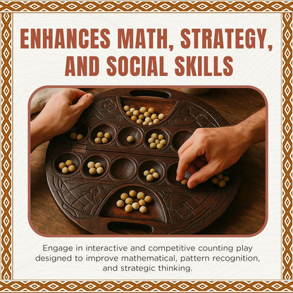 Africa Heartwood Project African Oware Mancala Board - Deluxe Circular Shape with Handle, Hand-Carved, Solid Wood with Detailed Designs, Wooden Folding, 48 Seeds and Instructions Included