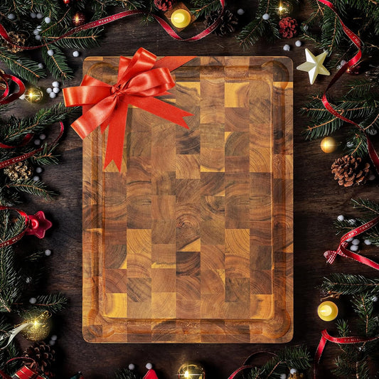 Yes4All Large Teak Cutting Boards for Kitchen, 20"x15"x1.5" End Grain Butcher Block with Food-Friendly Surface, Durable Wood Chopping Board with Juice Grooves and Easy-Grip Handle for Home Prep
