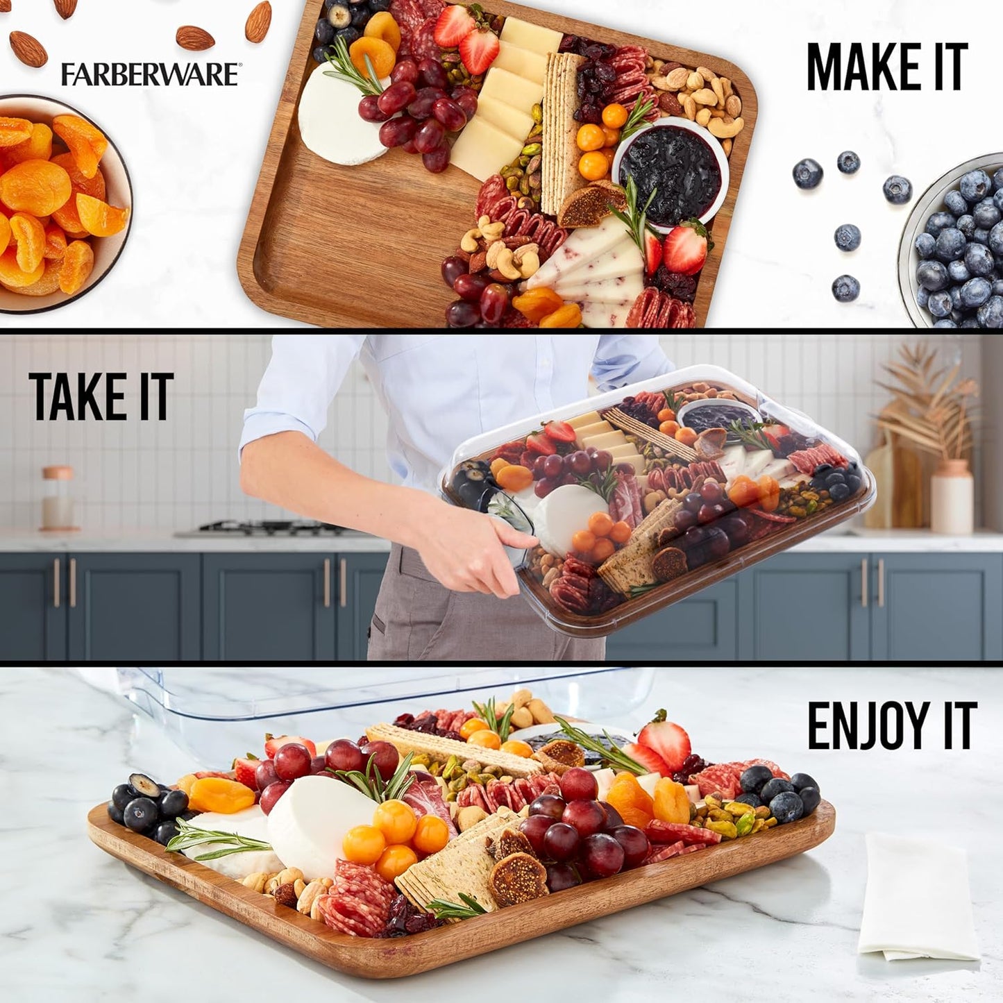 Farberware Build-A-Board Bamboo Cutting Board with Single Storage Compartment, Clear Locking Lid, Black Handles, Perfect for Charcuterie & Snacks