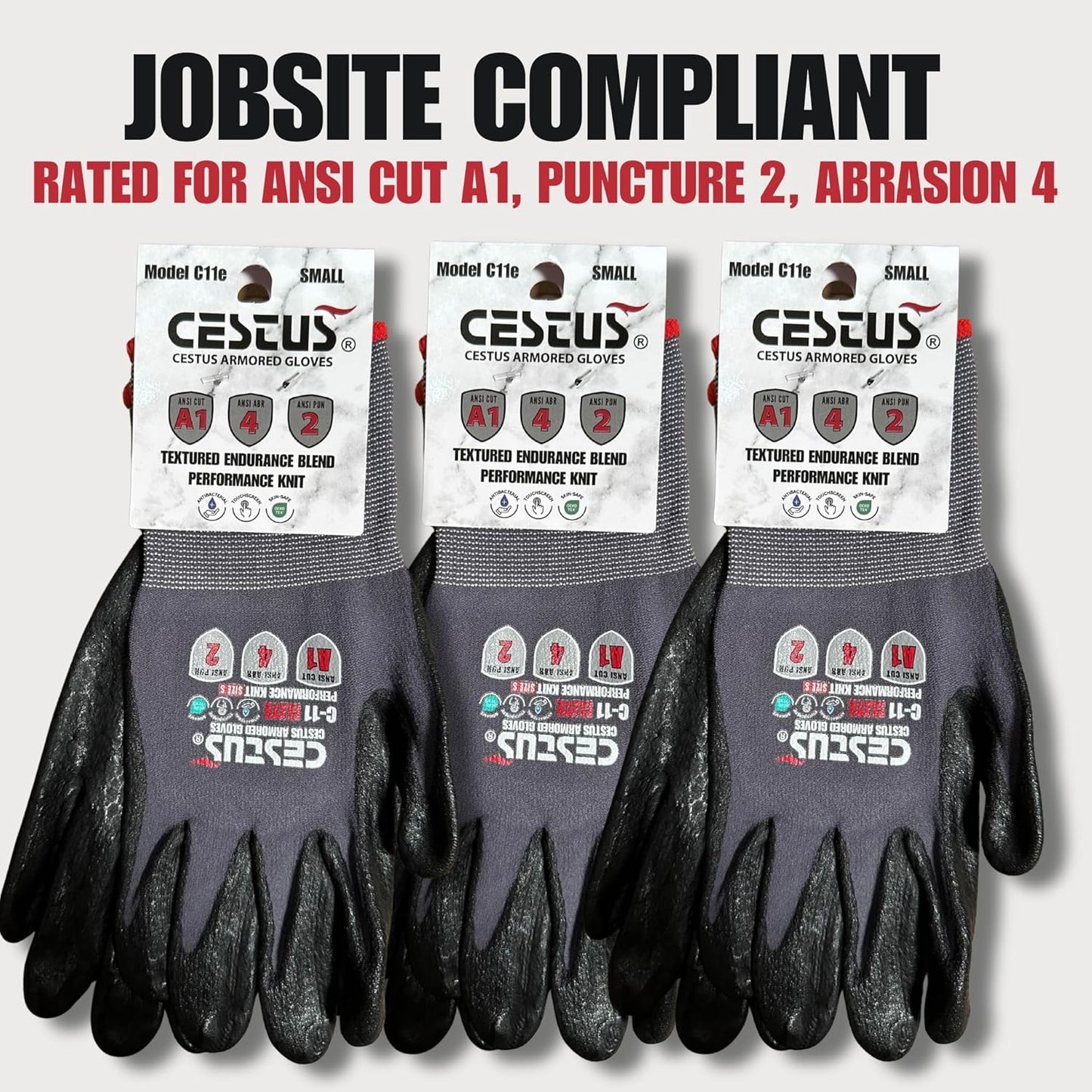 Cestus C11e, Nitrile Coated Work Gloves with Grip, Touchscreen, Reinforced Double Knit (3,12,120 Pairs)