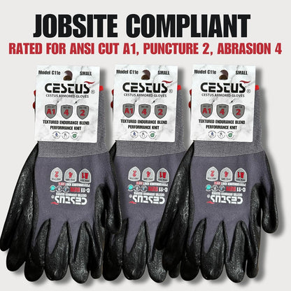 Cestus C11e, Nitrile Coated Work Gloves with Grip, Touchscreen, Reinforced Double Knit (3,12,120 Pairs)