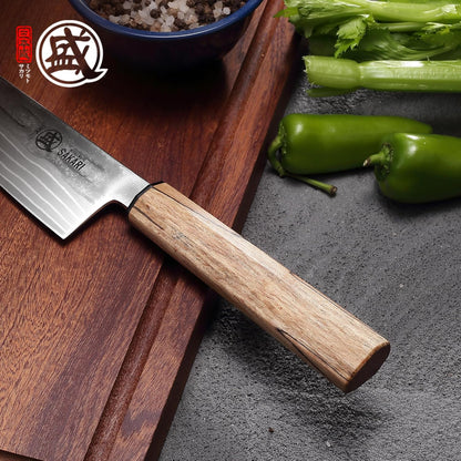 MITSUMOTO SAKARI 8 inch Kiritsuke Chef Knife, 129 Layers Damascus CPM S35VN Powder Steel, Hand Forged Japanese Kitchen Knife for Slicing, Trimming & Precise Cutting with Maple Wood Handle