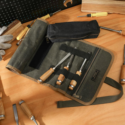 16OZ Waxed Canvas Tool Roll Bag, Heavy Duty Tool Storage Roll Bag with 7 Tool Slots & 1 Detachable Pouch, Khaki Tool Organizer for Wrenches and Tools (23.5"L x 9.5"W)