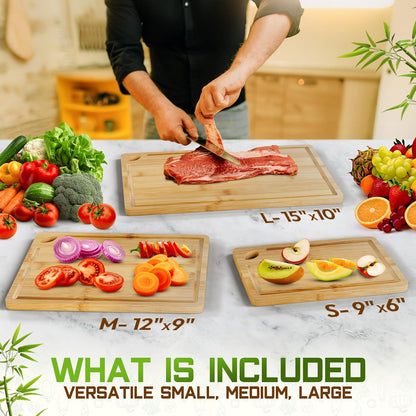 Bamboo Cutting Board Set of 3 (15x10, 12x9, 9x6) – Extra-Thick, Deep Juice Groove Wood Cutting Boards – Knife-Friendly for Kitchen Prep, Carving & Charcuterie – Easy to Clean