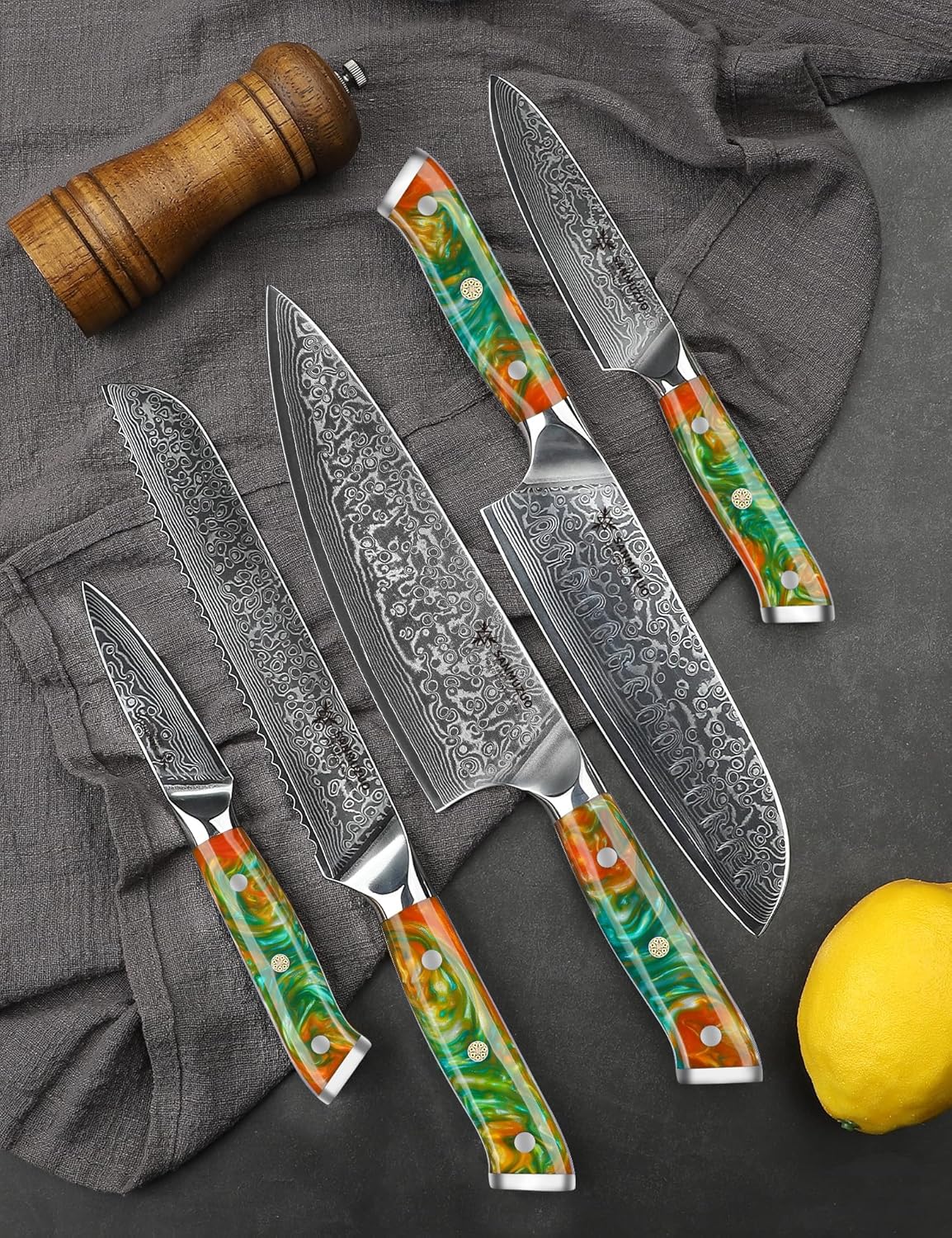 Steak Knives Set of 4, Ultra Sharp Non Serrated Kitchen Steak Knife 5 Inch - Damascus Steel & Resin Handle - Xuan Series (Sapphire Blue)