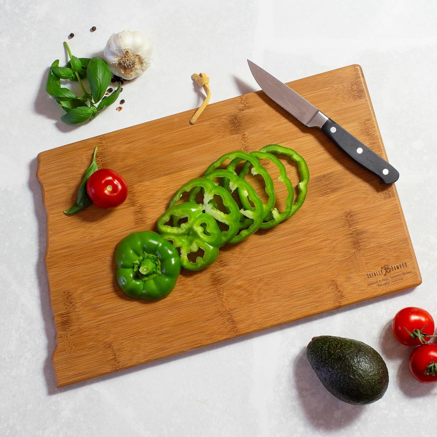 Totally Bamboo North Carolina State Shaped Cutting Board and Charcuterie Serving Platter with Artwork by Summer Stokes, Includes Hang Tie for Wall Display 18" x 8" x 5/8" - Colors A