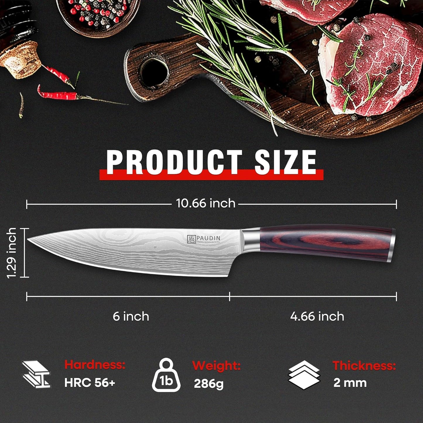 PAUDIN Chef Knife, 10 Inch Meat Knife, Ultra Sharp Brisket Slicing Knives, High Carbon Stainless Steel Kitchen Knife with Ergonomic Handle for BBQ, Roast, Meats and Vegetables