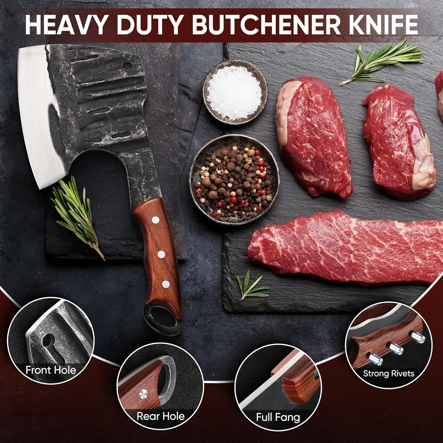 Dream Reach Meat Cleaver, 6.9 inch Black Boning Knife, High Carbon Steel Sharp Kitchen Forged In Fire Knife with Sheath Gift Box Bottle Opener for Outdoor Camping, Christmas Gifts for Men Women