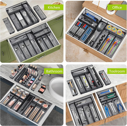 Neudeco Silverware Organizer,Mesh Drawer Organizer for Kitchen，Metal Utensil Organizer for Flatware, Knives, Spoons,Cosmetic (Silver 9 * 3 * 2 inch Pack6)