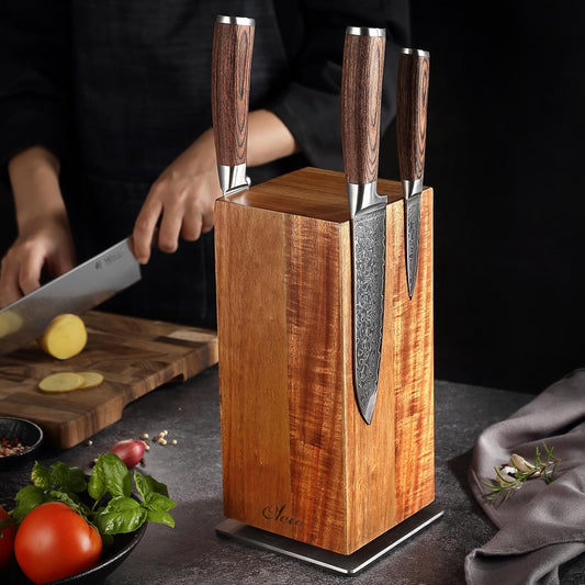 Oleio 360° Rotating Magnetic Knife Block – Acacia Wood Universal Knife Holder with Ultra-Strong Magnets | Stainless Steel Base, Holds 8-12 Knives | Elegant & Durable Design, Ideal Gift