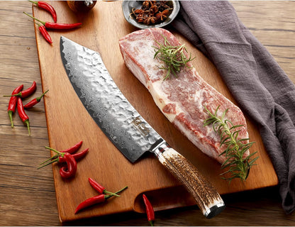 SUNLONG Usuba & Nakiri Knife 6.5 inch Fruit and Vegetable Knife Japanese Hammered Damascus Steel Super sharp - Natural Deer Horn Handle