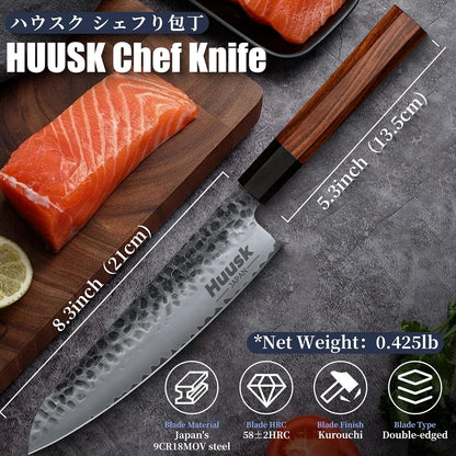 Huusk Chef Knife, Professional 9" High Carbon Steel Japanese Kitchen Knives, Hand Forged Cooking Knife for Meat Sushi, Gift for Men and Women