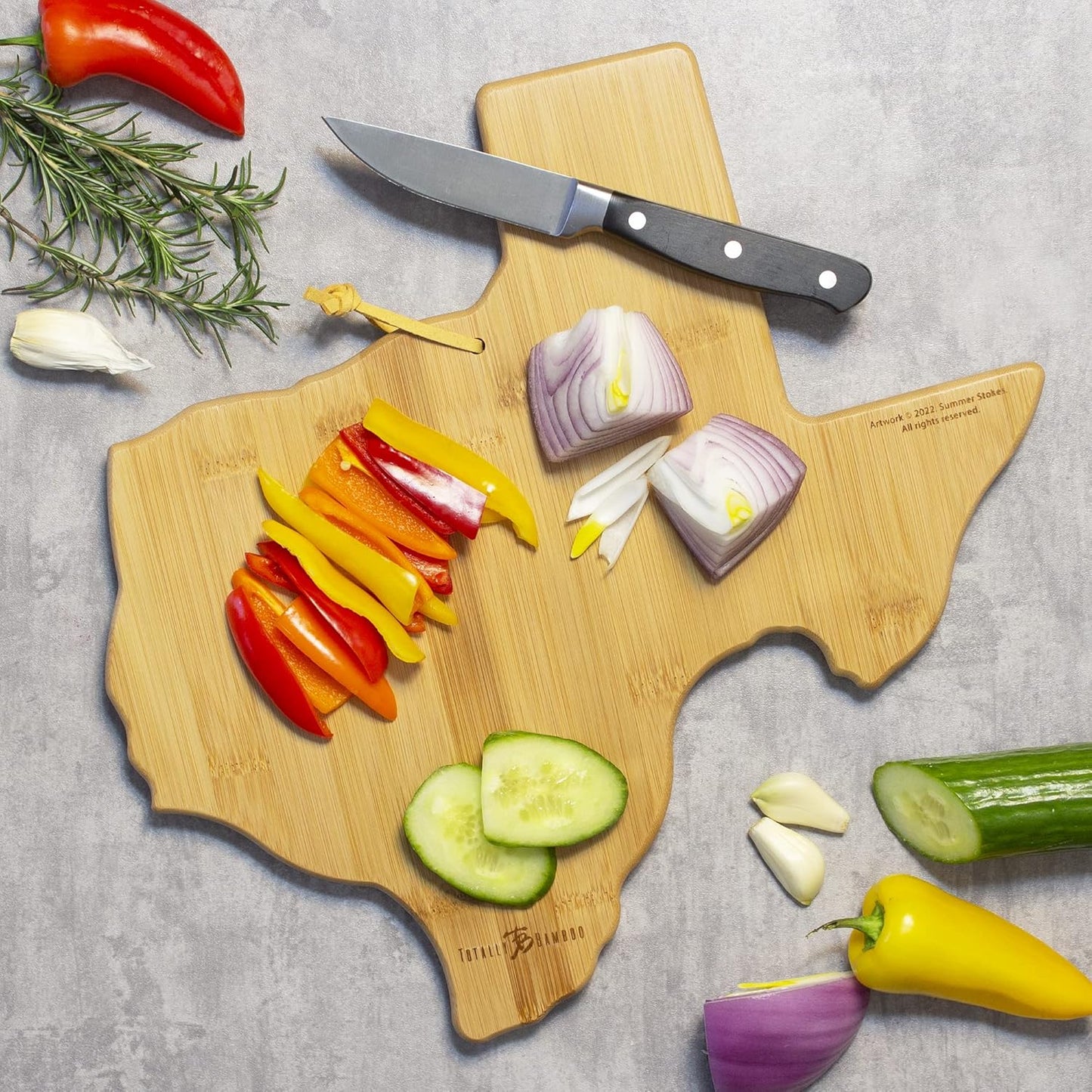 Totally Bamboo North Carolina State Shaped Cutting Board and Charcuterie Serving Platter with Artwork by Summer Stokes, Includes Hang Tie for Wall Display 18" x 8" x 5/8" - Colors B