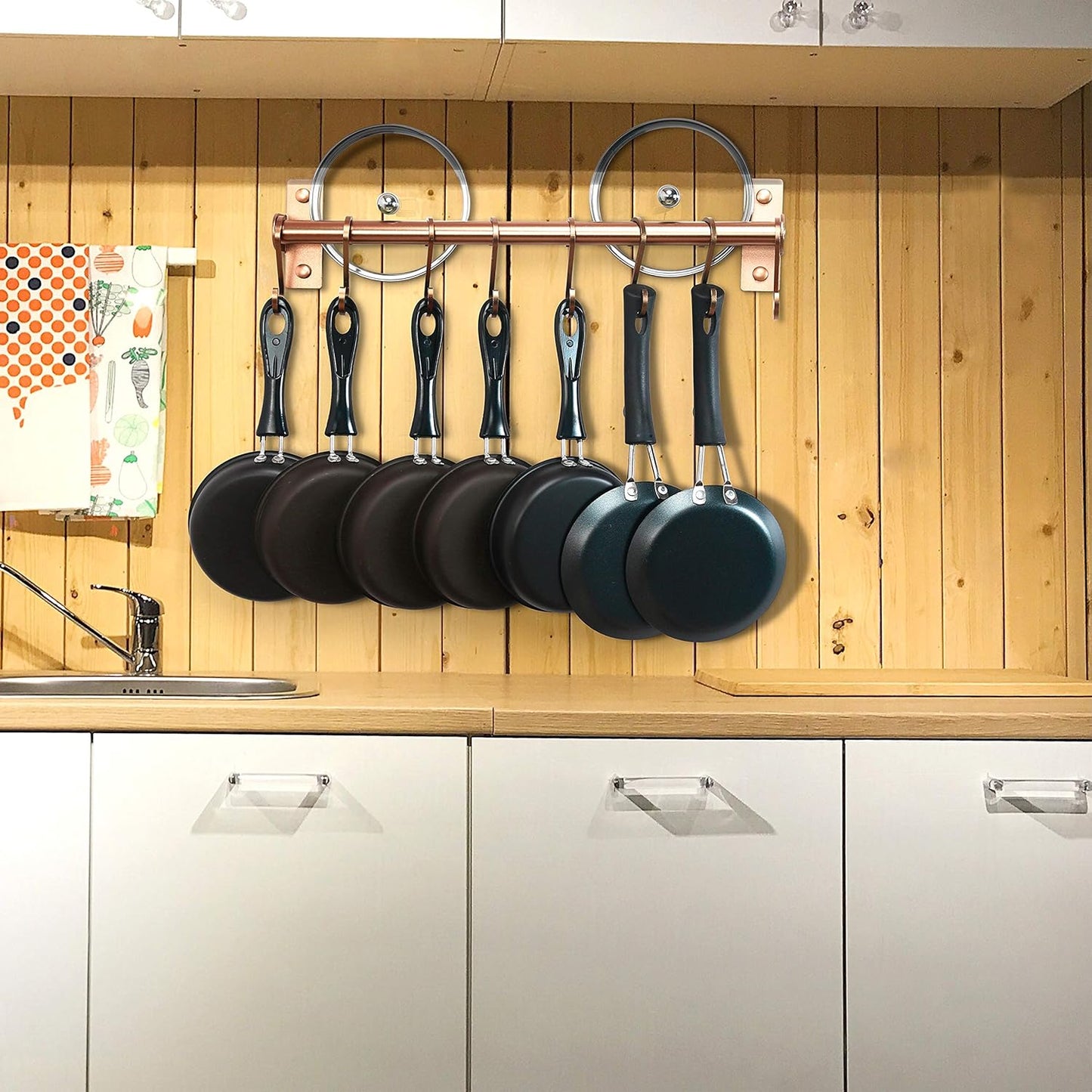Dseap Kitchen Utensil Holder Hanger, Pot and Pan Rack Wall Mounted, Kitchen Rail with 8 Hooks for Hanging Cooking Utensils, Mugs, Spoons, Wall Mounted, Silver