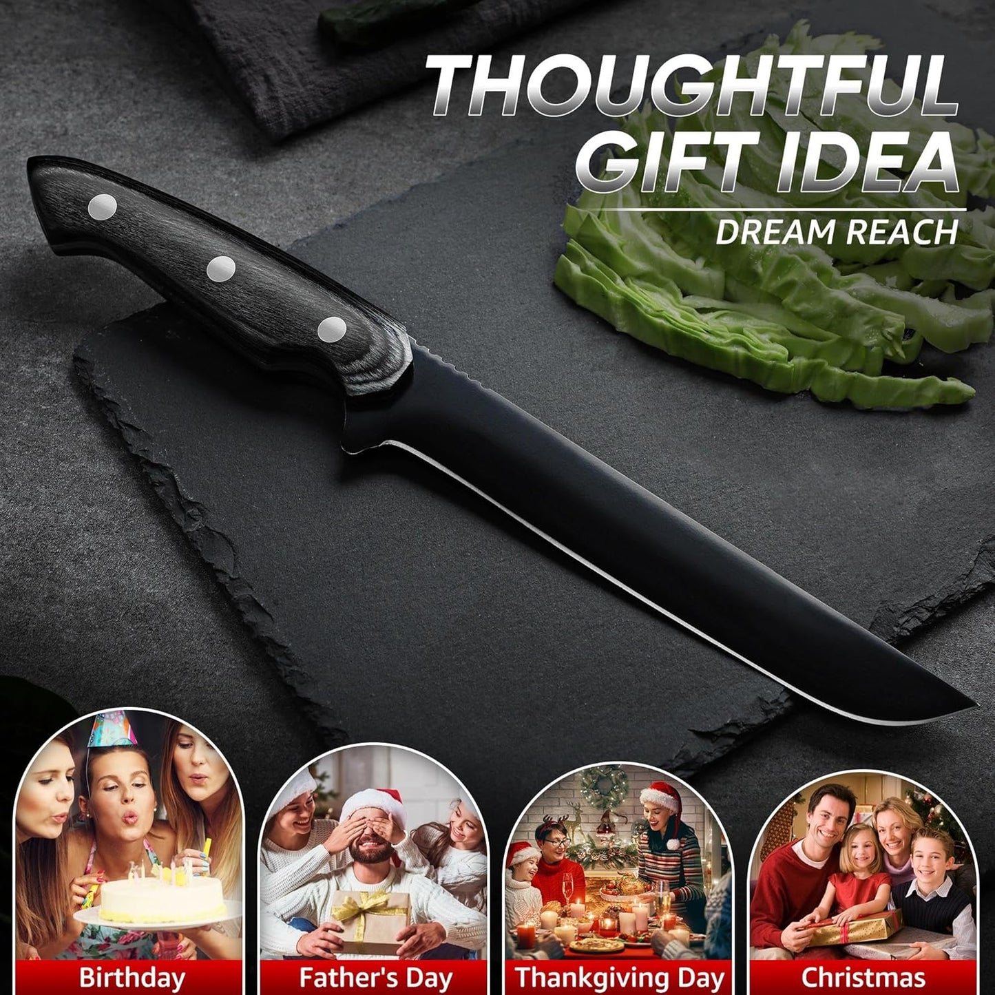 Dream Reach Kiritsuke Chef Knife - High Carbon Steel Sharp Kitchen Knife with Full Tang Handle, Hand Forged Black Cooking Knives for Birthday Mother Father Gift