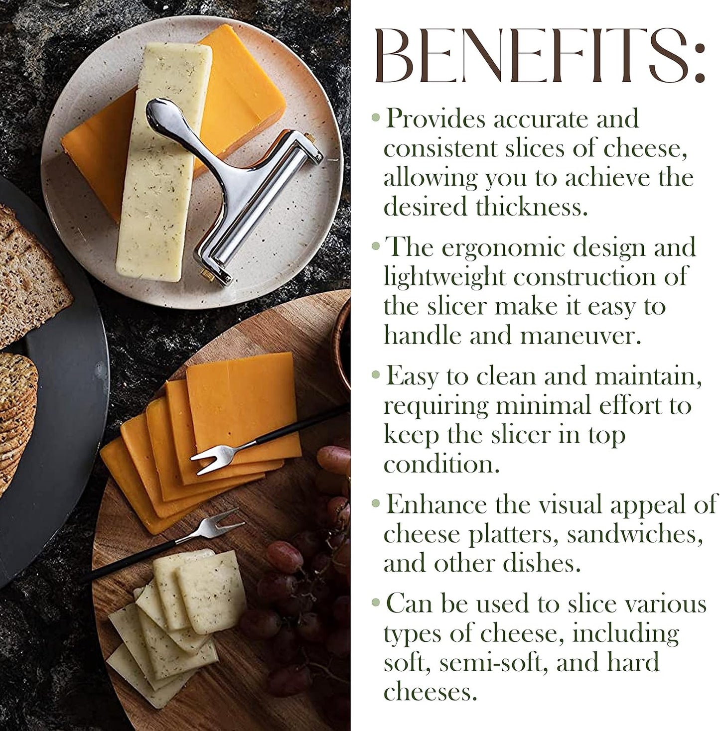 Bellemain Stainless Steel Wire Cheese Slicer with 2 Extra Wires – Handheld Cheese Cutter for Block Cheese, Adjustable Thick & Thin Slices for Cheddar, Gruyere, Raclette & Mozzarella (Silver)