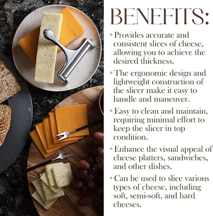 Bellemain Stainless Steel Wire Cheese Slicer with 2 Extra Wires – Handheld Cheese Cutter for Block Cheese, Adjustable Thick & Thin Slices for Cheddar, Gruyere, Raclette & Mozzarella (Silver)