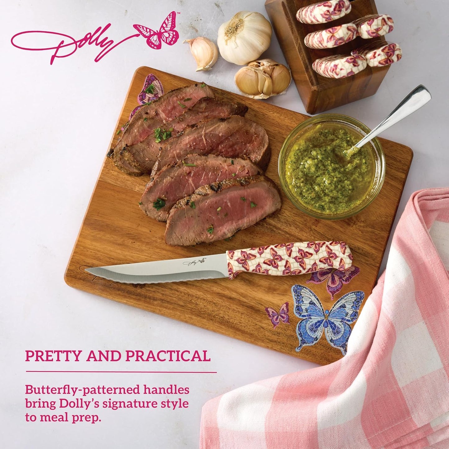 Dolly Parton 7-Piece Steak Knife Set with Pink Handles and Acacia Block for Storage