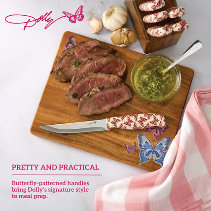 Dolly Parton 7-Piece Steak Knife Set with Pink Handles and Acacia Block for Storage
