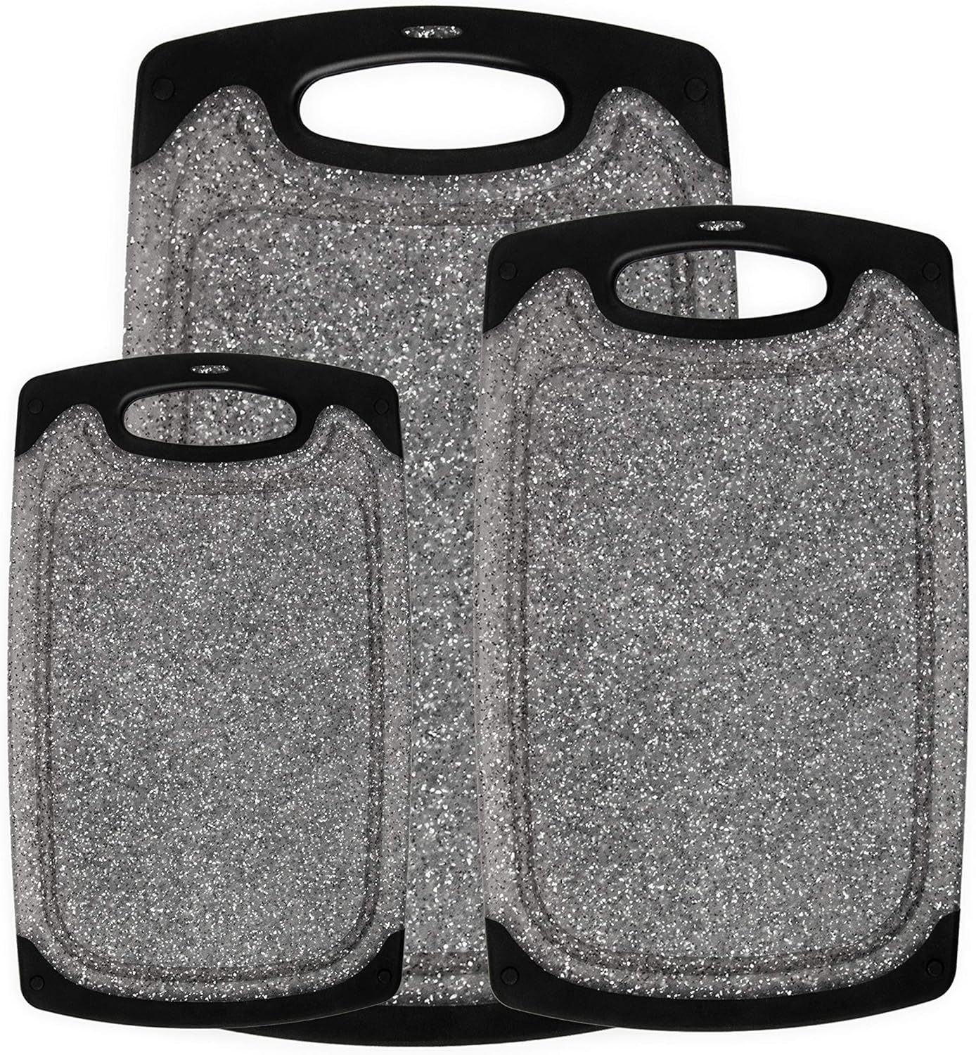 Famiry Reversible Cutting Board Set of 3, Plastic Chopping Board for Kitchen, Non-Slip Design with Easy Grip Handle, Juice Grooves, BPA Free, Dishwasher Safe (3-Piece, Black)