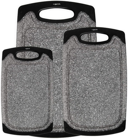 Famiry Reversible Cutting Board Set of 3, Plastic Chopping Board for Kitchen, Non-Slip Design with Easy Grip Handle, Juice Grooves, BPA Free, Dishwasher Safe (3-Piece, Black)