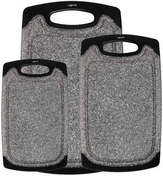 Famiry Reversible Cutting Board Set of 3, Plastic Chopping Board for Kitchen, Non-Slip Design with Easy Grip Handle, Juice Grooves, BPA Free, Dishwasher Safe (3-Piece, Black)