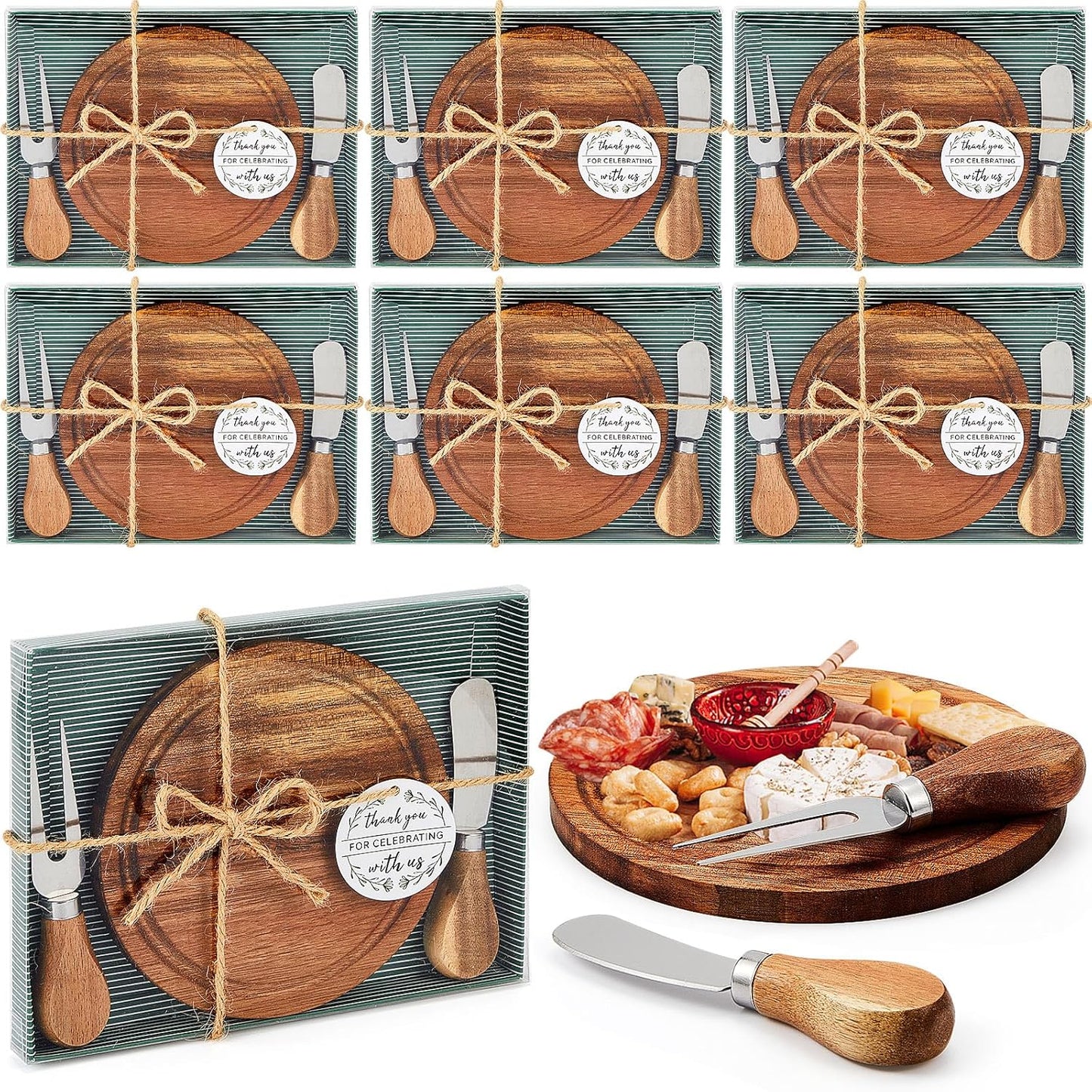 Maxcheck 18 Sets Baby Shower Bridal Game Prizes for Winners Round Cheese Board Set Wood Mini Charcuterie Board with Knives and Forks Thank You Card with Gift Box for Guests Wedding (Bamboo)