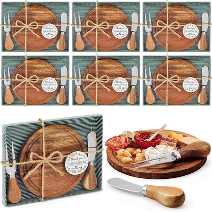 Maxcheck 18 Sets Baby Shower Bridal Game Prizes for Winners Round Cheese Board Set Wood Mini Charcuterie Board with Knives and Forks Thank You Card with Gift Box for Guests Wedding (Bamboo)