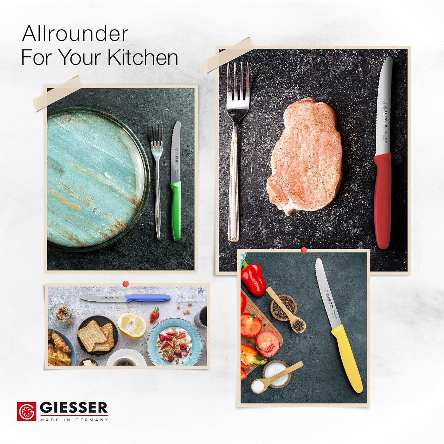 Giesser since 1776, Made in Germany, Serrated kitchen knives round tip dishwasher safe 4.5 inch - Tomato knife, Steak knive set of 6 (MIX Color)