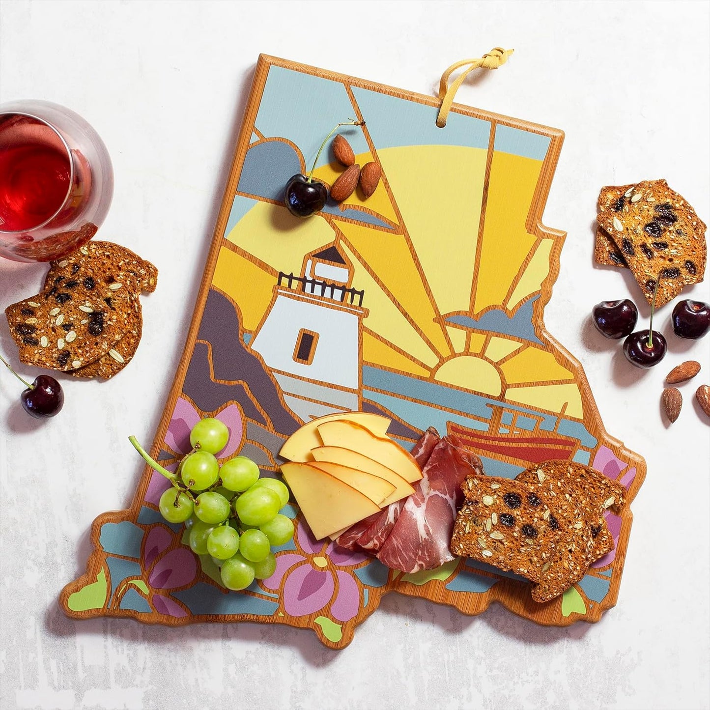 Totally Bamboo North Carolina State Shaped Cutting Board and Charcuterie Serving Platter with Artwork by Summer Stokes, Includes Hang Tie for Wall Display 18" x 8" x 5/8" - Colors B