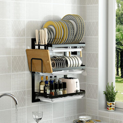 Dish Drying Rack, Over The Wall Mounted Dish Drying Rack, Stainless Steel Dish Rack, Large Storage Drying Rack for Kitchen, Dish Drainer with Utensil Holder-2 Tier