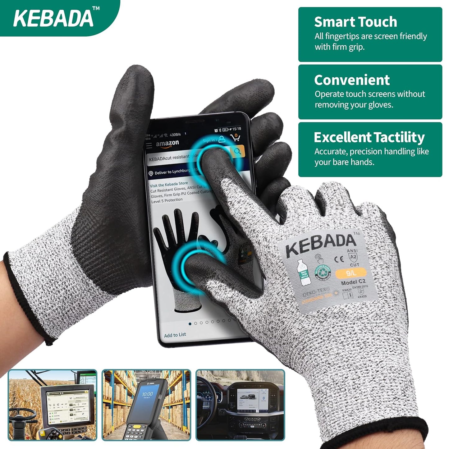 Kebada Cut Resistant Gloves, ANSI A2 Cutting Glove, PU Coated, Touchscreen, Multi-Purpose Model C2, 3 Pairs, Large