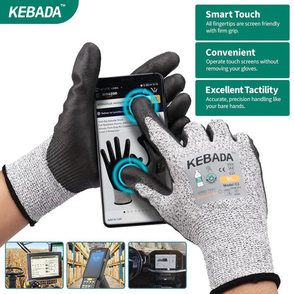 Kebada Cut Resistant Gloves, ANSI A2 Cutting Glove, PU Coated, Touchscreen, Multi-Purpose Model C2, 3 Pairs, Large