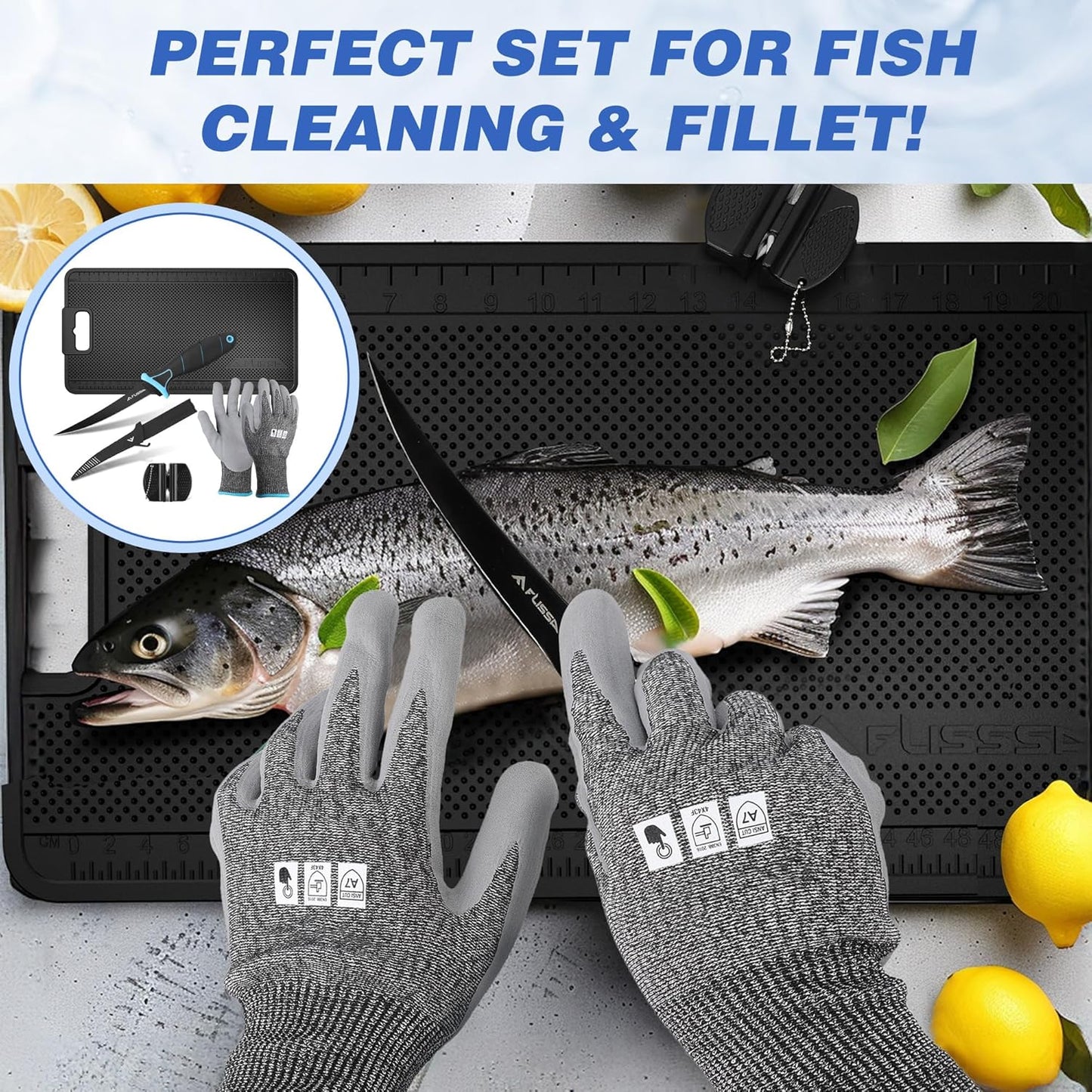 FLISSA 4PCS Fish Fillet Set with 6" Fillet Knife, 24"*13" Non-Slip Fish Fillet & Cleaning Mat, Knife Sharpener and Cut Resistant Gloves, Fish Cleaning kit for Easy Fish Cleaning, Filleting and Cutting