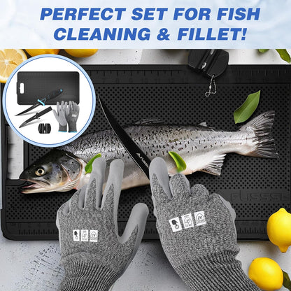 FLISSA 4PCS Fish Fillet Set with 6" Fillet Knife, 24"*13" Non-Slip Fish Fillet & Cleaning Mat, Knife Sharpener and Cut Resistant Gloves, Fish Cleaning kit for Easy Fish Cleaning, Filleting and Cutting